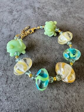 Handmade Glass Lampwork Bead Bracelet in Green, Blue and Yellow